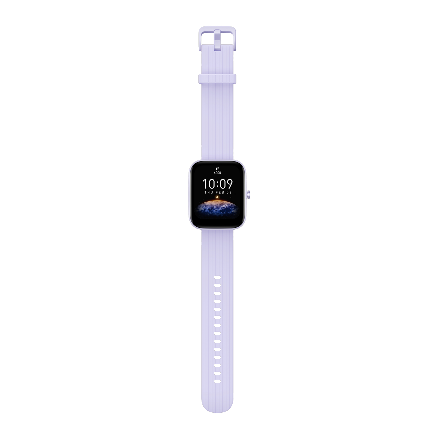 Un reloj inteligente lila claro con una pantalla que muestra la hora. La correa también es lila claro sobre un fondo gris.