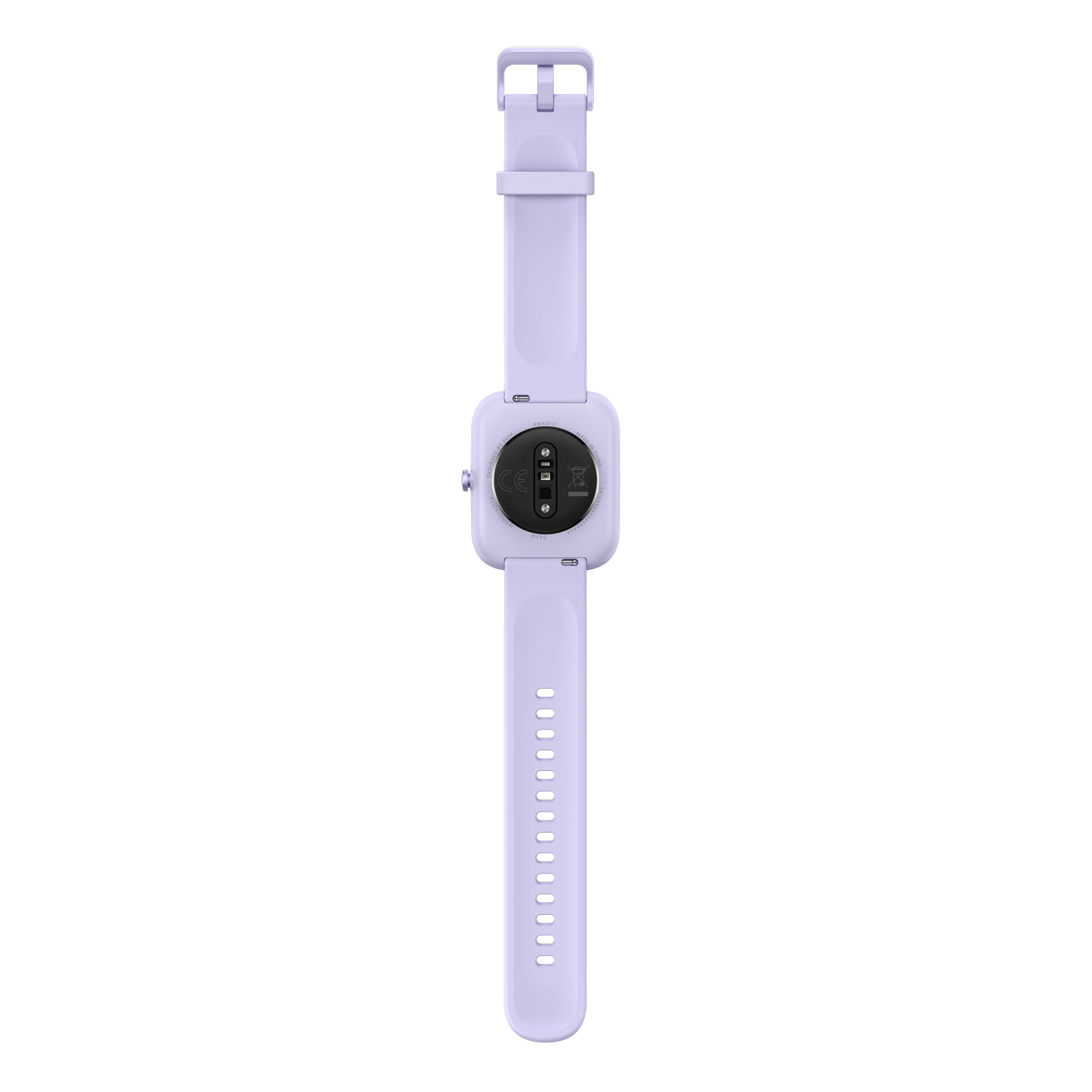 Parte trasera de reloj inteligente morado que muestra sensores y correas, fondo negro.