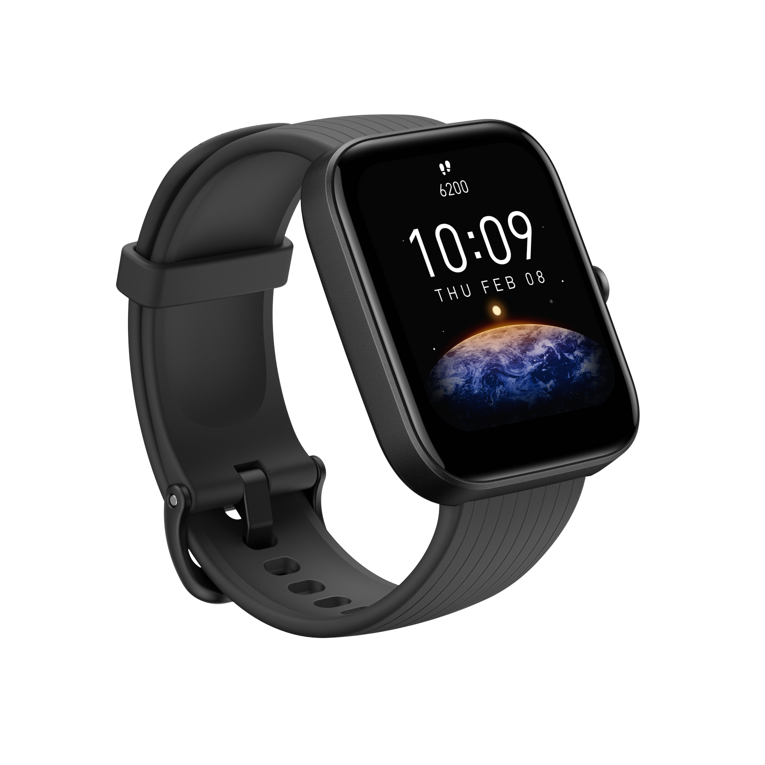 Smartwatch negra sobre fondo negro, mostrando hora y fecha.