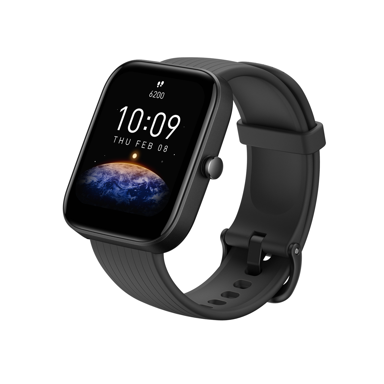 Smartwatch negra mostrando la hora y una imagen de la Tierra.