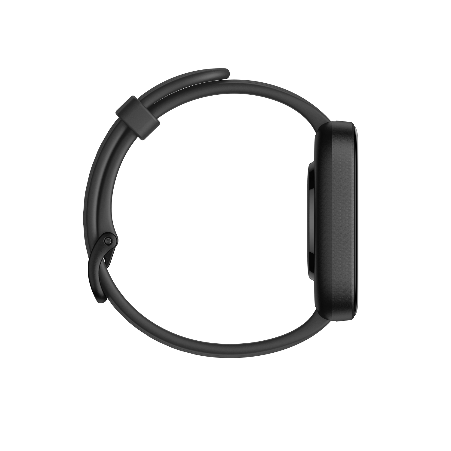 Vista de perfil de reloj inteligente negro. El reloj tiene una esfera rectangular y una correa negra.