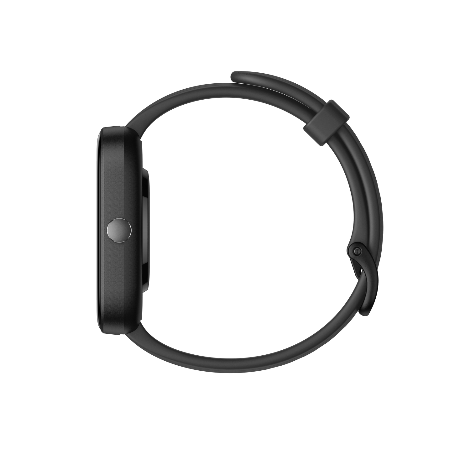 Reloj inteligente negro de lado, con la correa adjunta.