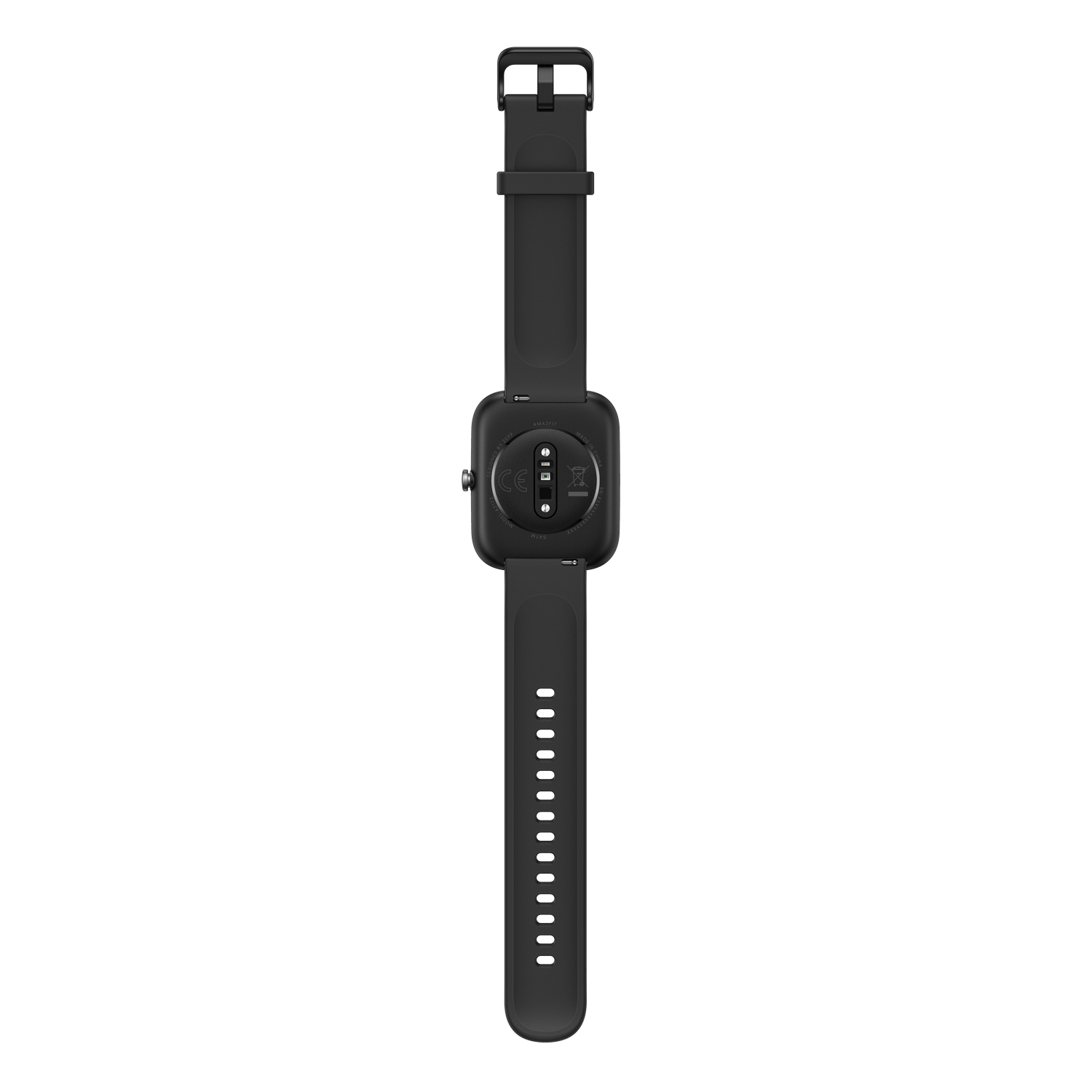 Smartwatch negra vista desde atrás, mostrando sensores y la correa.