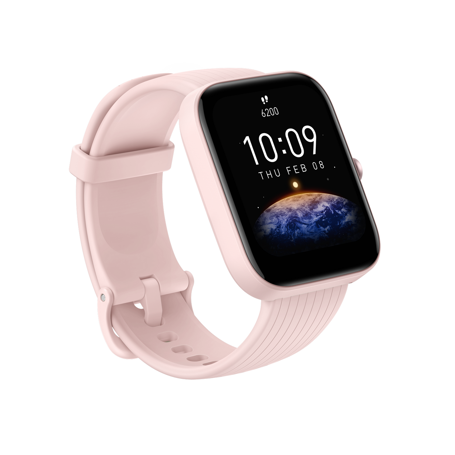 Un reloj inteligente rosa con una pantalla negra que muestra la hora y un gráfico del planeta.