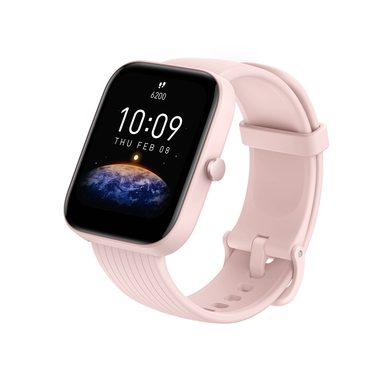 Un reloj inteligente rosa con una pantalla negra que muestra la hora y un icono de globo terráqueo.