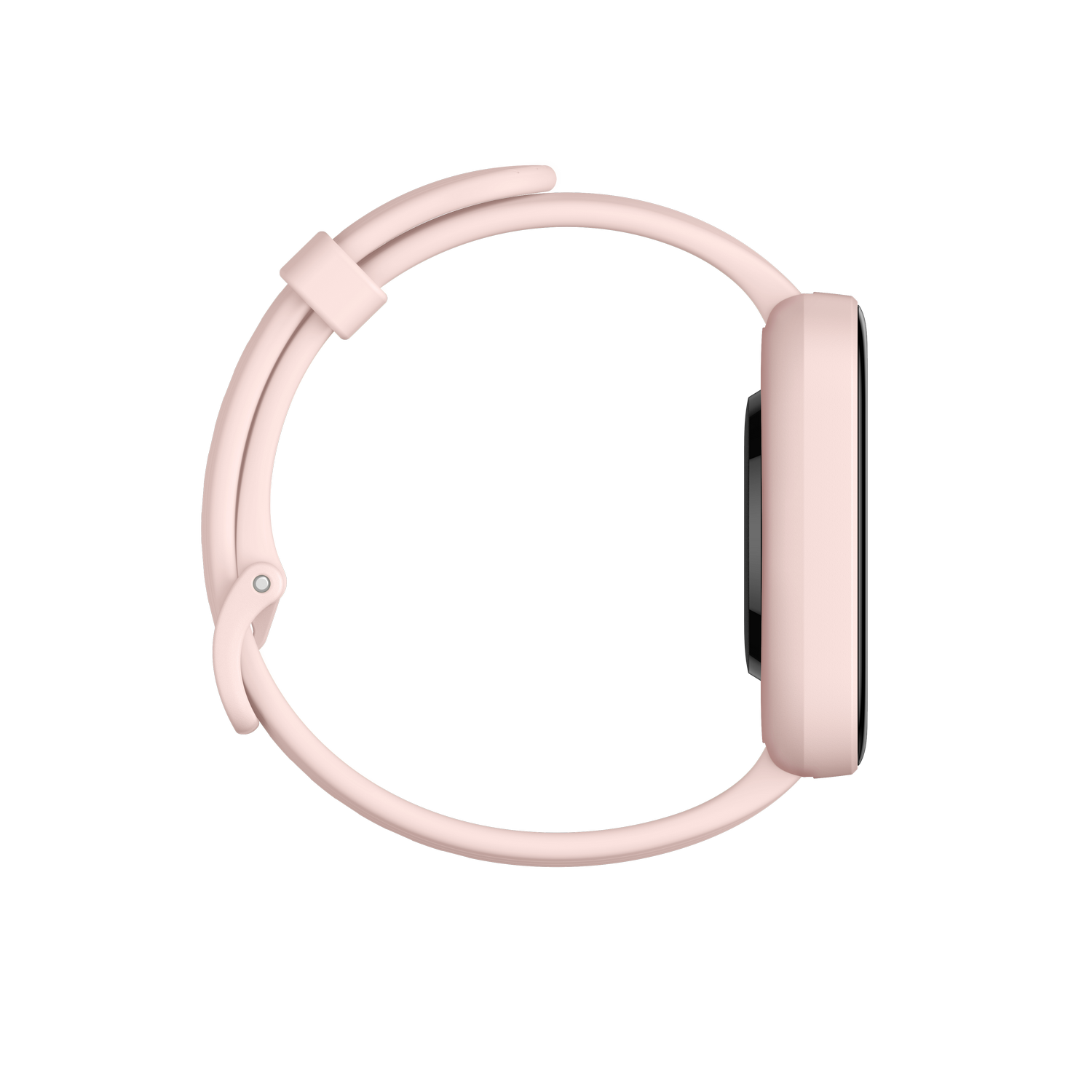 Un reloj inteligente rosa con una cara rectangular redondeada y una correa rosa, sobre fondo negro.
