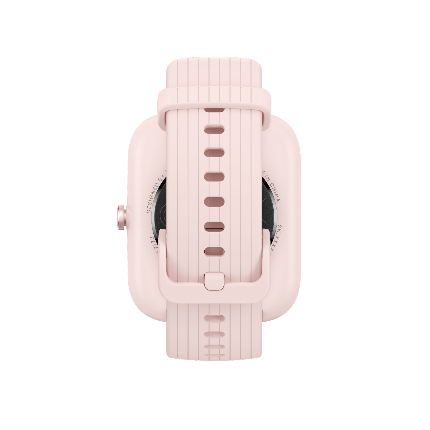 Vista trasera de un reloj inteligente rosa claro con correa rosa.
