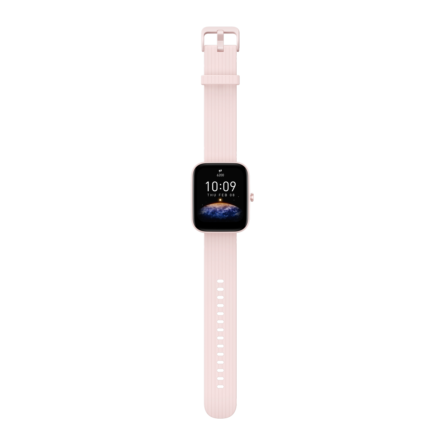 Reloj inteligente rosa con correa rosa, fondo negro.