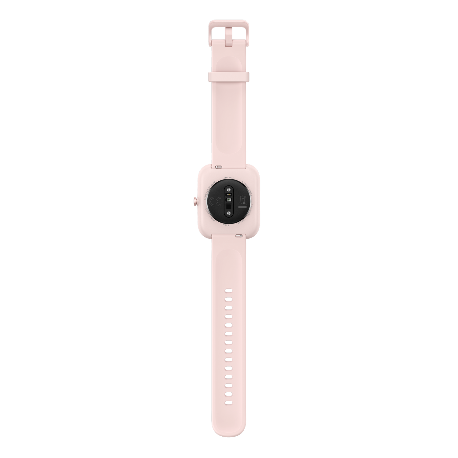 Smartwatch rosa, vista trasera, mostrando sensores y correa, fondo negro.