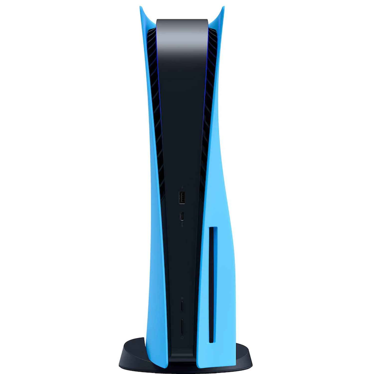 Una consola PlayStation 5 azul y negra, vista desde un ángulo lateral.
