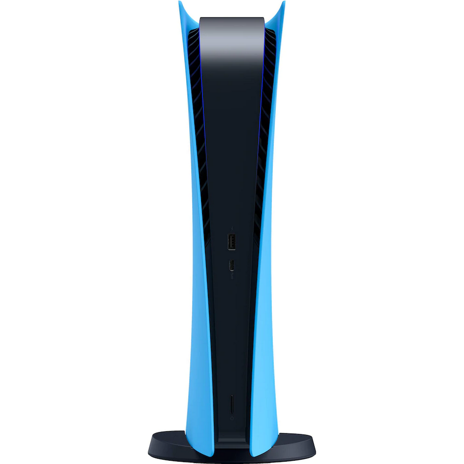 Una consola PlayStation 5 en azul y negro, de pie.