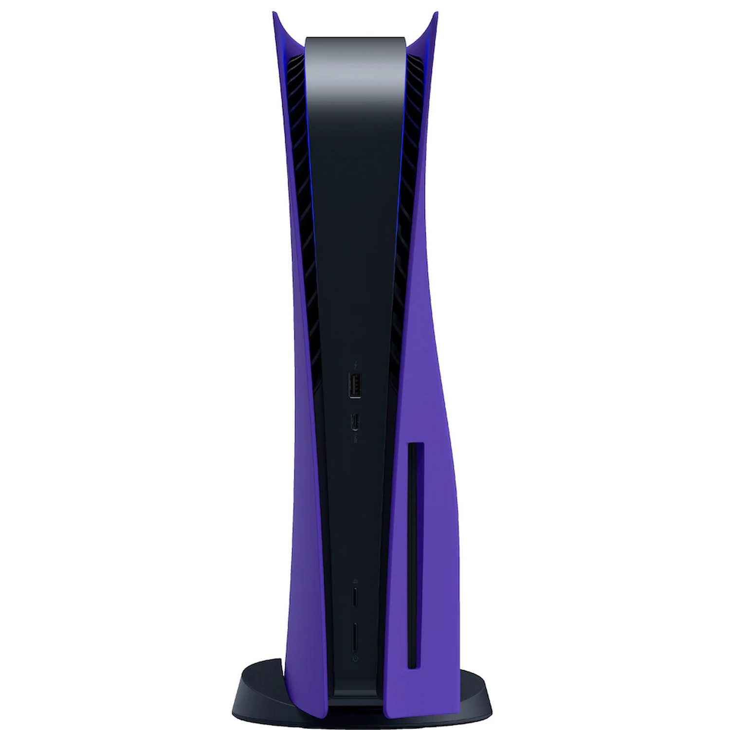 Consola Playstation 5 morada y negra, vertical. Con puertos y un soporte.
