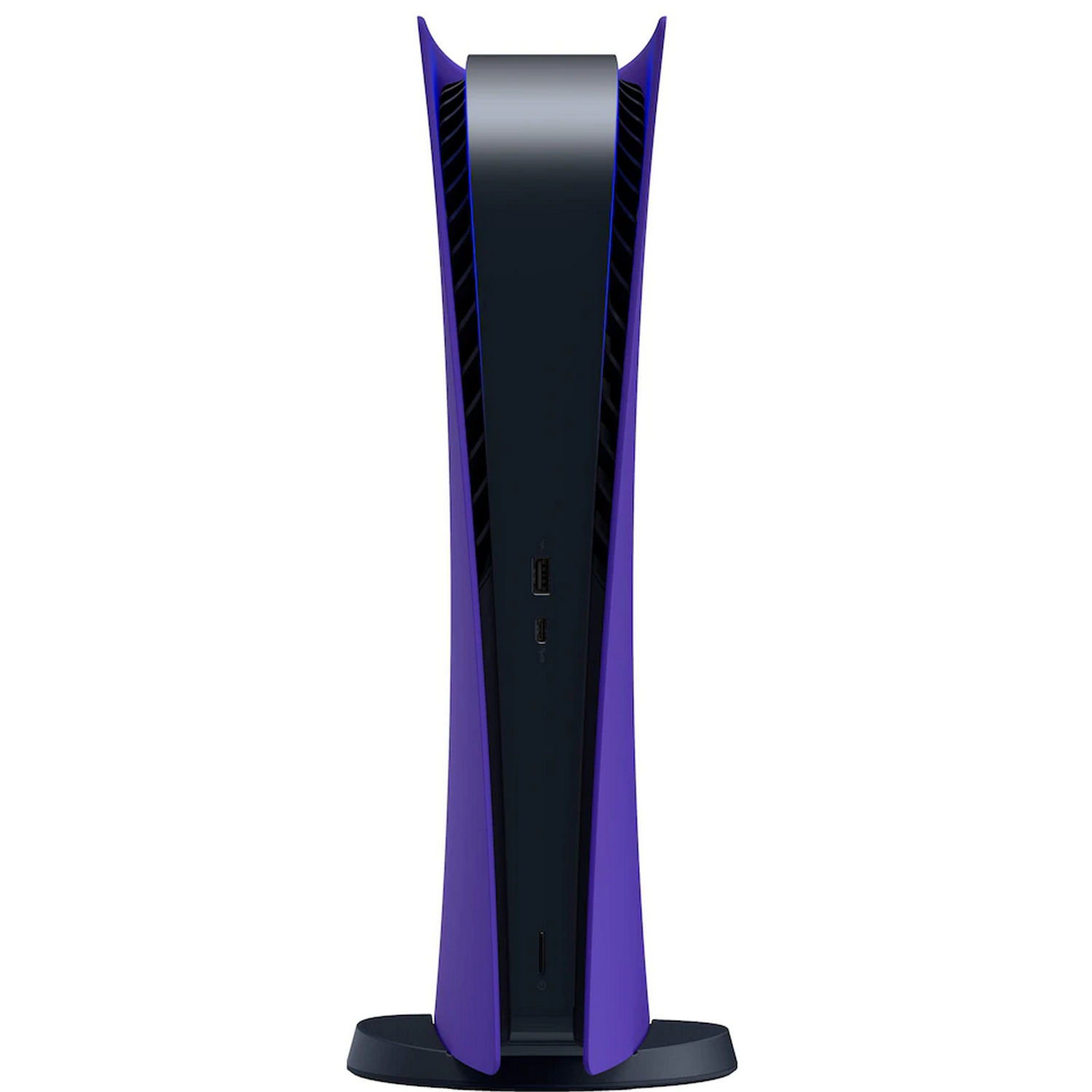 Una consola PlayStation 5 morada de pie verticalmente. La consola tiene un centro negro.
