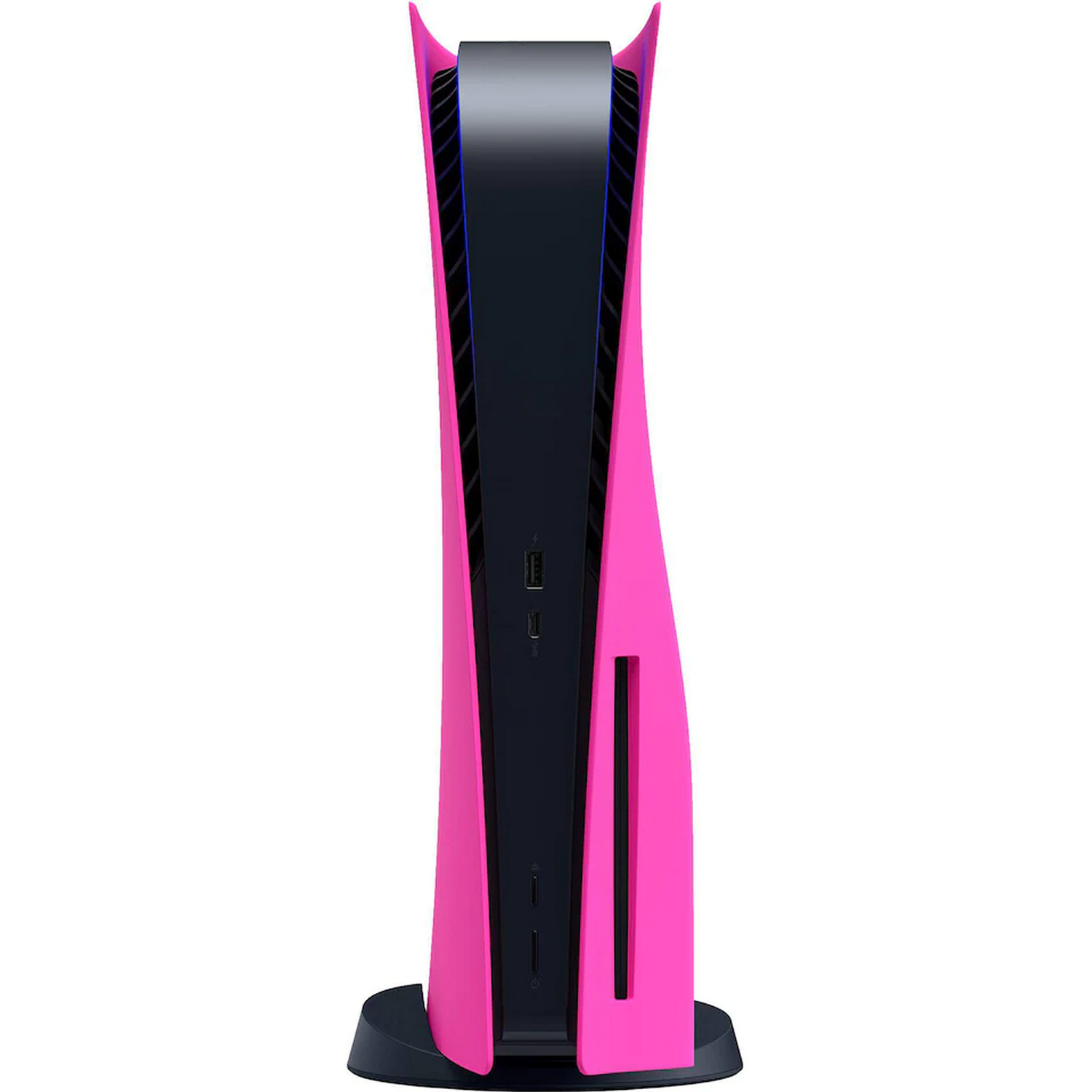 Una consola PlayStation 5 rosa y negra se encuentra de pie sobre un fondo blanco. La consola tiene un diseño curvo.