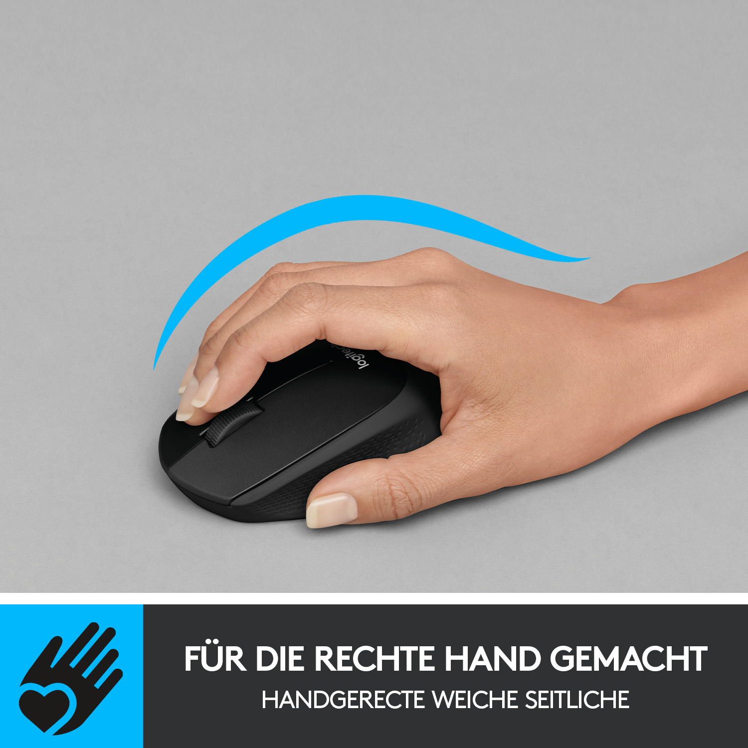 Hand auf schwarzer Logitech-Maus. Text: "FÜR DIE RECHTE HAND GEMACHT".
