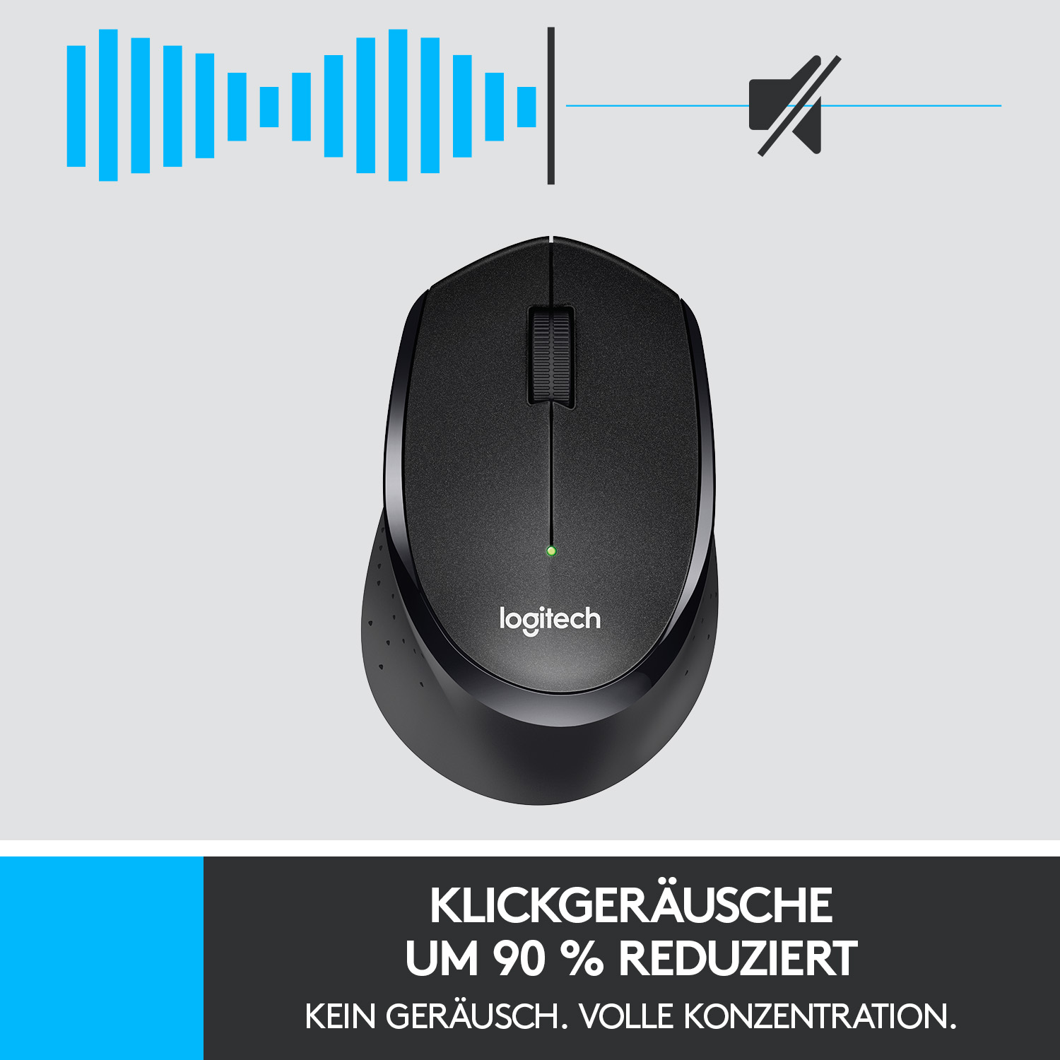 Eine schwarze Logitech-Maus mit Schallwellen und einem Lautsprechersymbol. Der Text lautet 'Klickgeräusche um 90 % reduziert'.