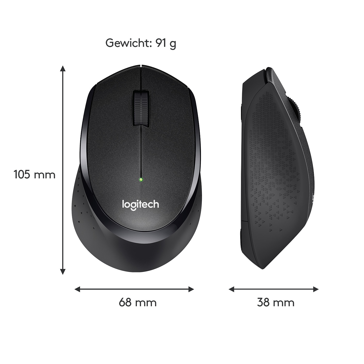 Eine schwarze Logitech-Maus mit Maßangaben. Das Gewicht ist ebenfalls angegeben.