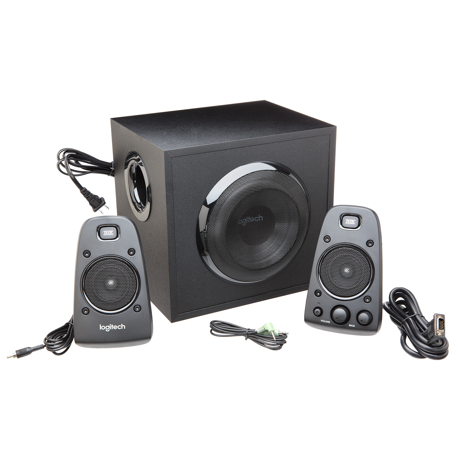 Un subwoofer negro con dos altavoces y algunos cables de conexión.