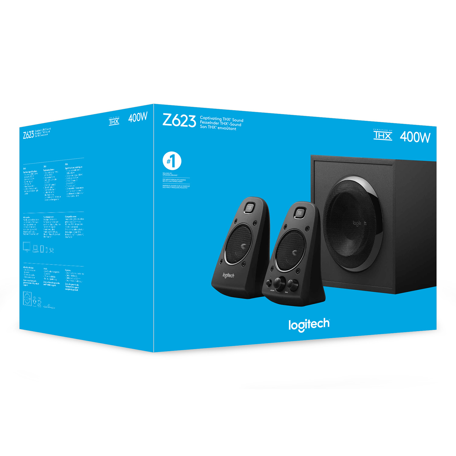 Conjunto de caja de altavoces Logitech Z623, con altavoces, subwoofer e información del producto.