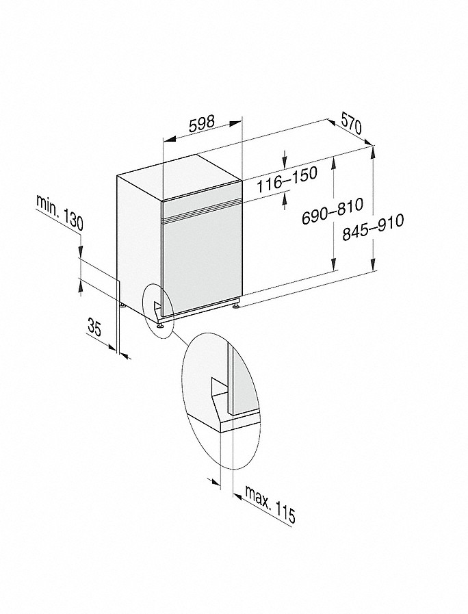 Diagramm eines Geschirrspülers mit Maßen in Millimetern.