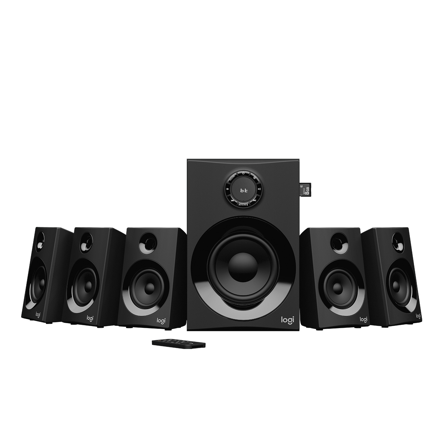 Conjunto de altavoces negro con subwoofer, altavoz central y cuatro altavoces satélite, con un mando a distancia.
