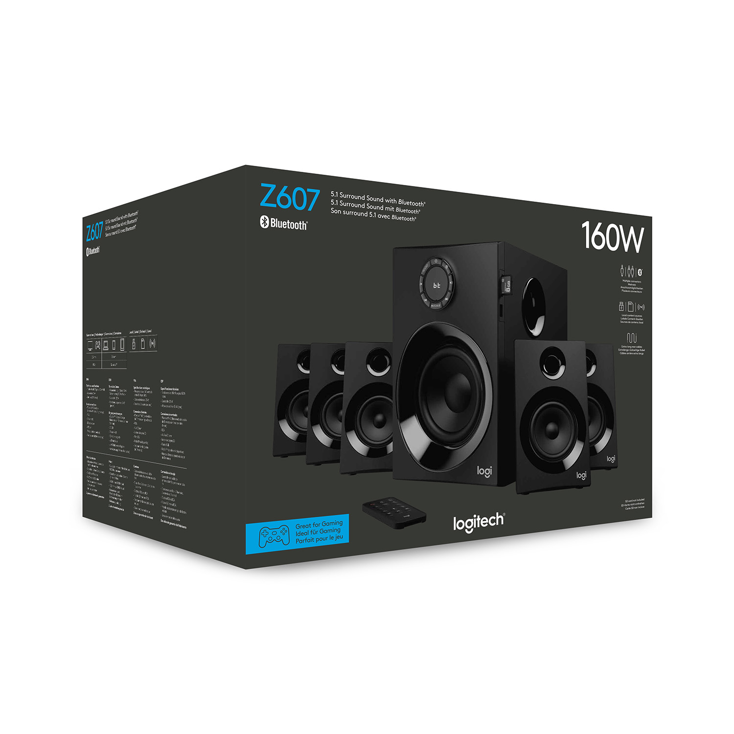 Caja del sistema de altavoces Logitech Z607 negro. Altavoces y mando a distancia incluidos.