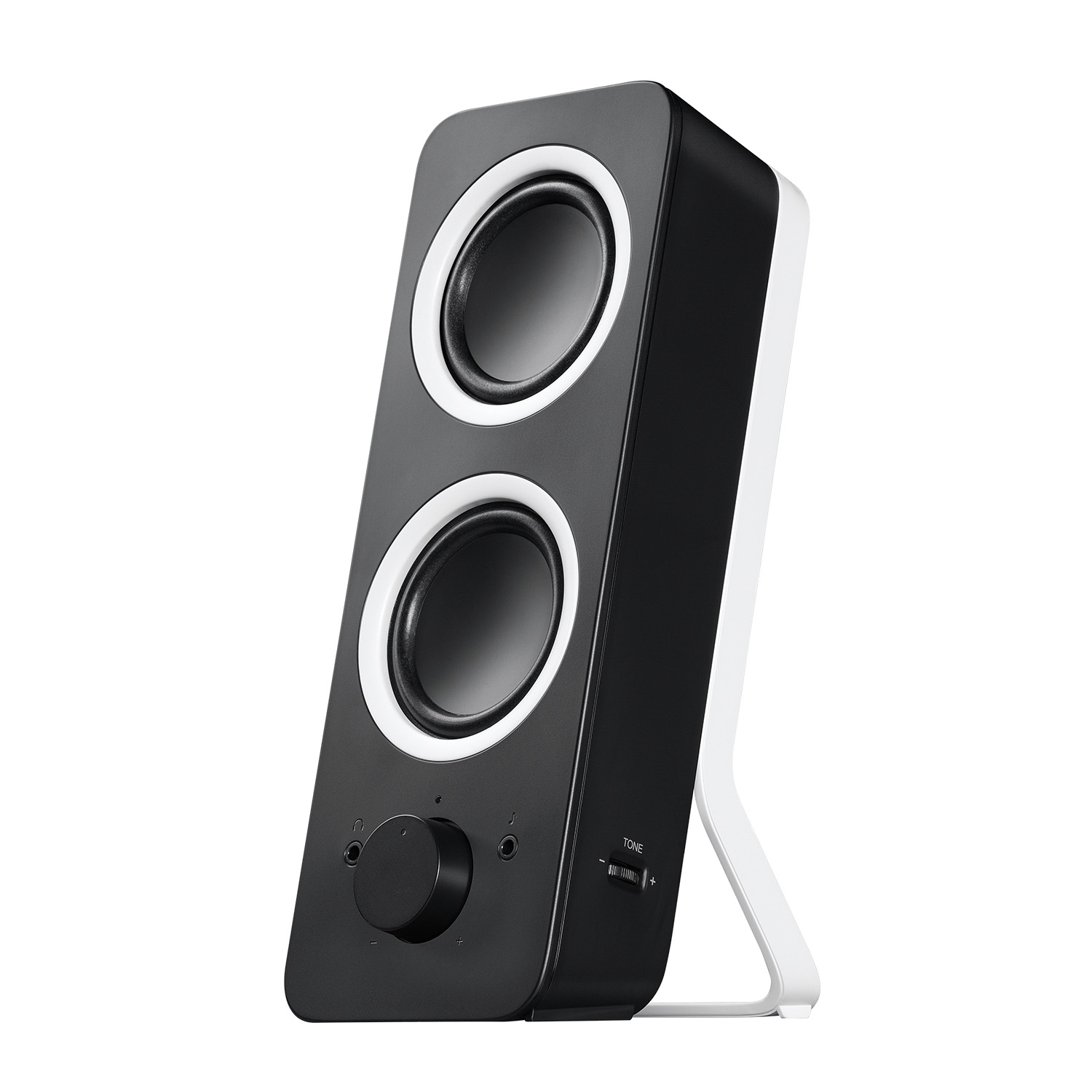 Altavoz blanco y negro con dos altavoces y una perilla de control de volumen, sobre una base blanca.