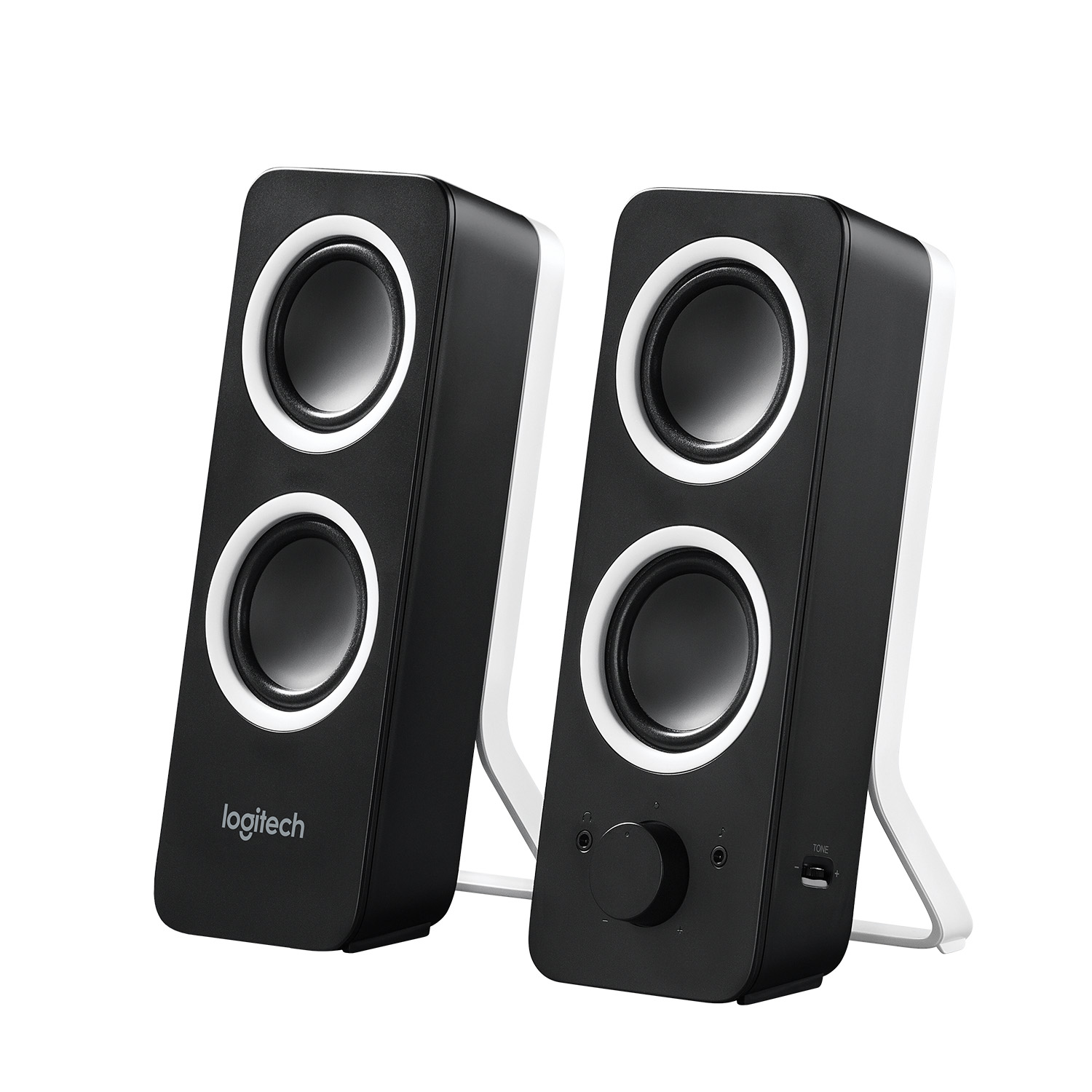 Dos altavoces negros con detalles blancos. El control de tono es visible.