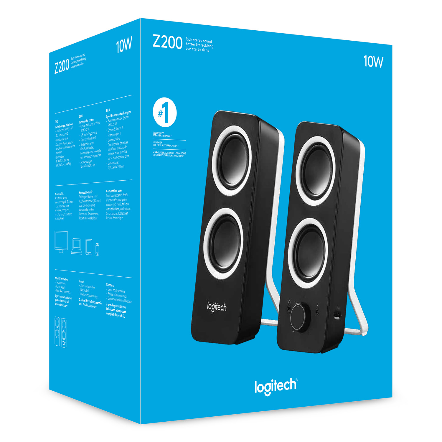 Una caja de altavoces Logitech Z200 en blanco y negro, con texto e imágenes en la parte frontal.