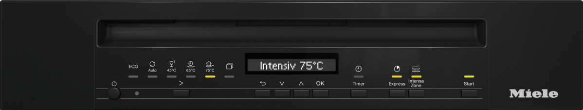 Schwarzes Miele Kochfeld mit Digitalanzeige und verschiedenen Touch-Bedienelementen, die 'Intensiv 75°C' anzeigen.