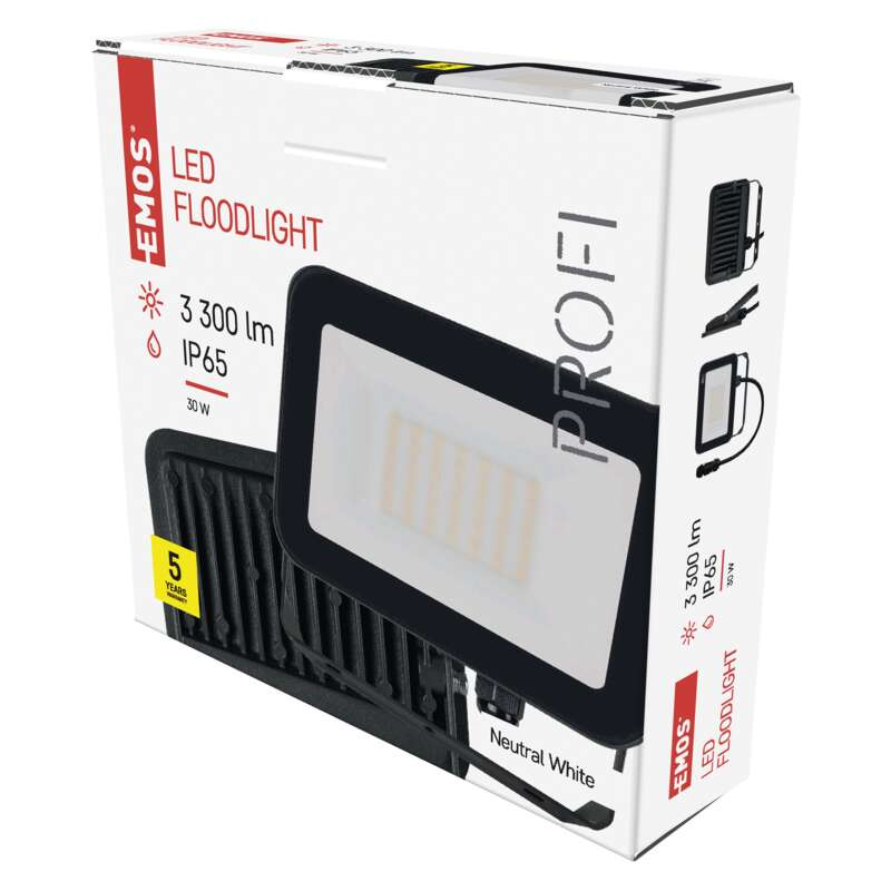 EMOS LED Floodlight feliratú doboz, reflektorral és termékadatokkal.
