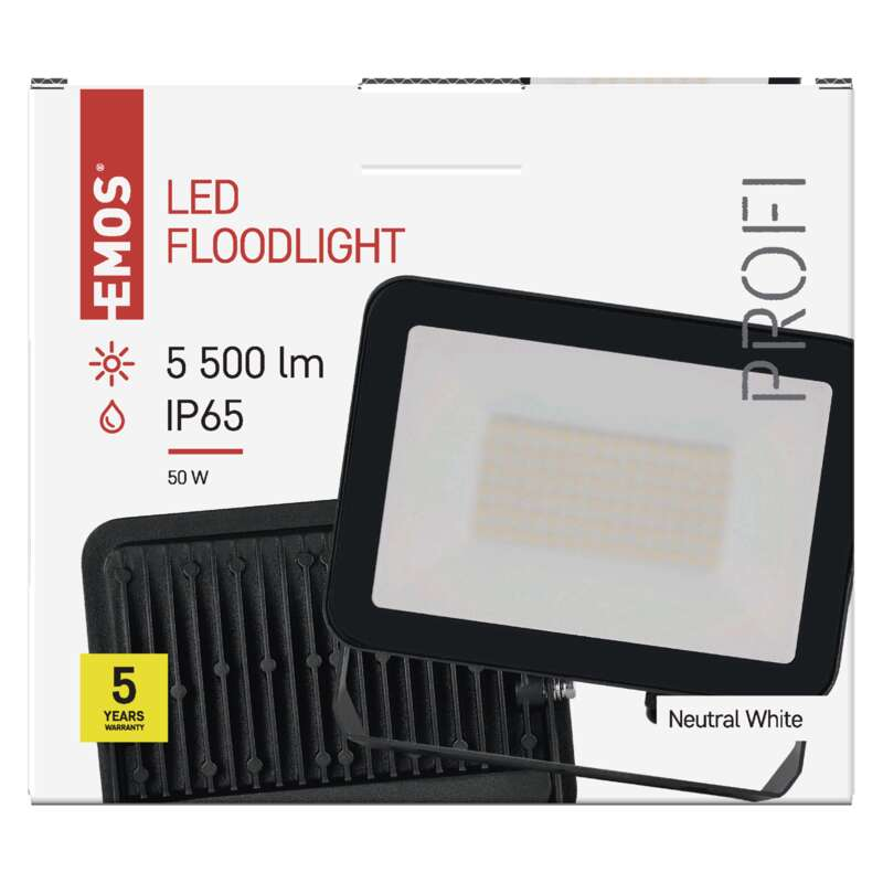 LED-es reflektor fehér háttéren, fekete-fehér márkajelzéssel. 5 év garancia.