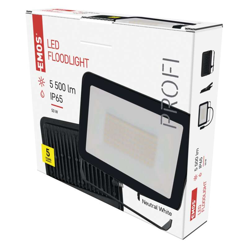 Egy fehér és fekete LED-es reflektor doboz szöveggel. A dobozban egy fekete reflektor látható.
