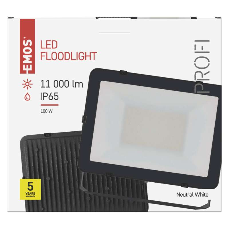 Fekete-fehér LED reflektor termékinformációkkal fehér háttéren.