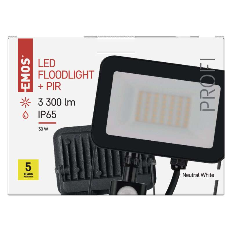 Egy fehér és fekete LED-es reflektor a csomagolásában.