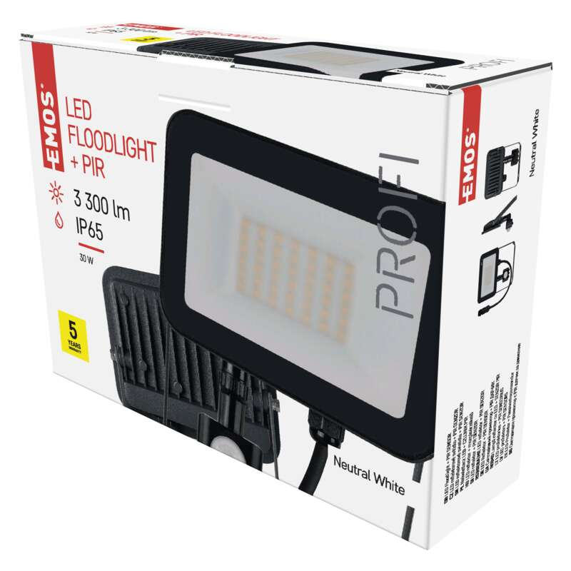 LED-es reflektor egy dobozban. Fehér doboz, szöveg: EMOS, LED-es reflektor + PIR.