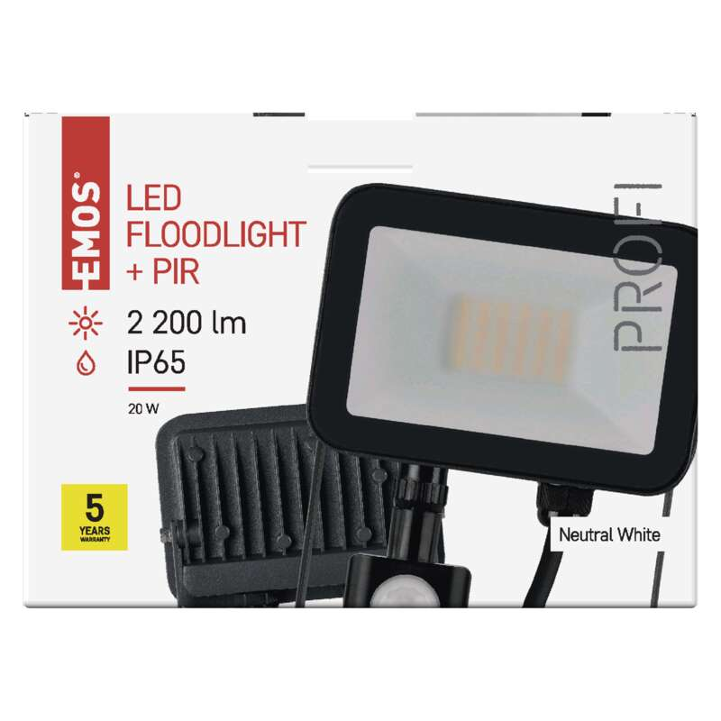 LED-es reflektor dobozban, szöveggel és fénnyel, és egy fekete reflektorral az oldalán.