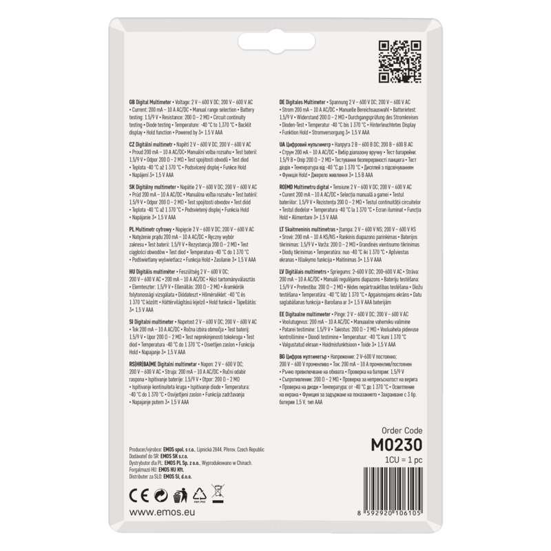 Többnyelvű digitális multiméter csomagolása specifikációkkal és QR-kóddal.
