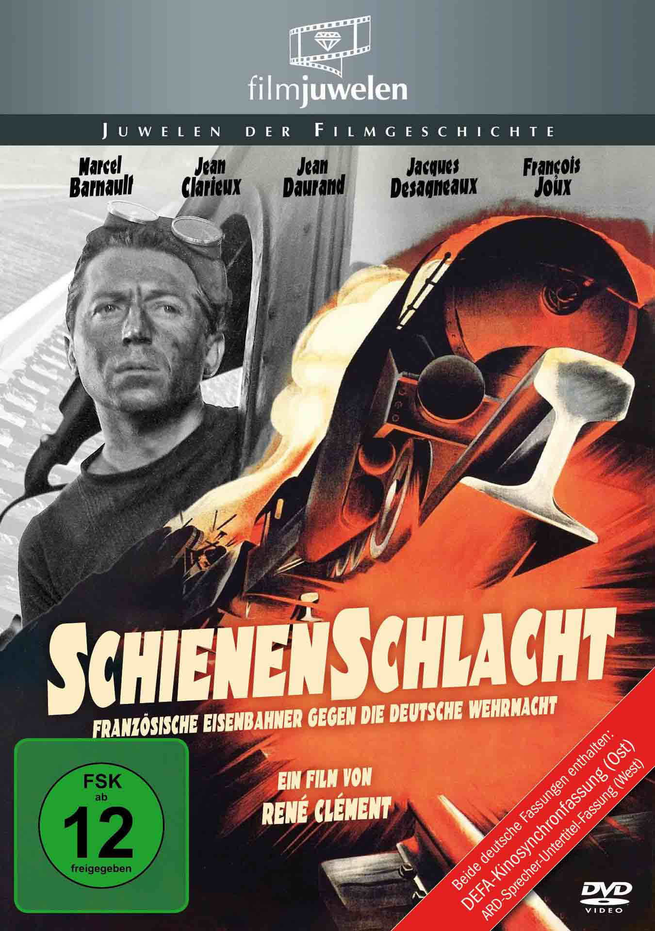 DVD-Cover mit französischem Text, Mann, Zug und beschädigtem Gleis.