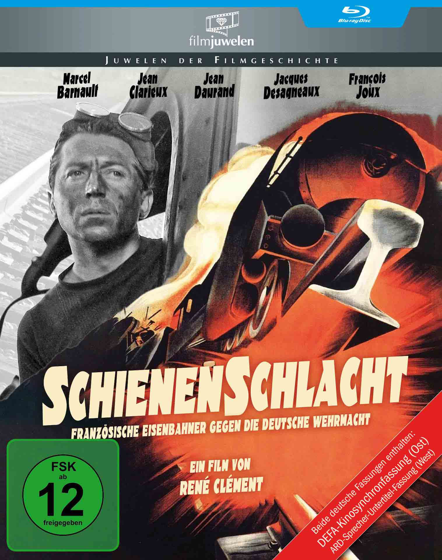 Blu-ray-Cover: 'Schienen Schlacht'. Ein Schwarz-Weiß-Bild mit einem Zug und einem Mann, der ihn ansieht.