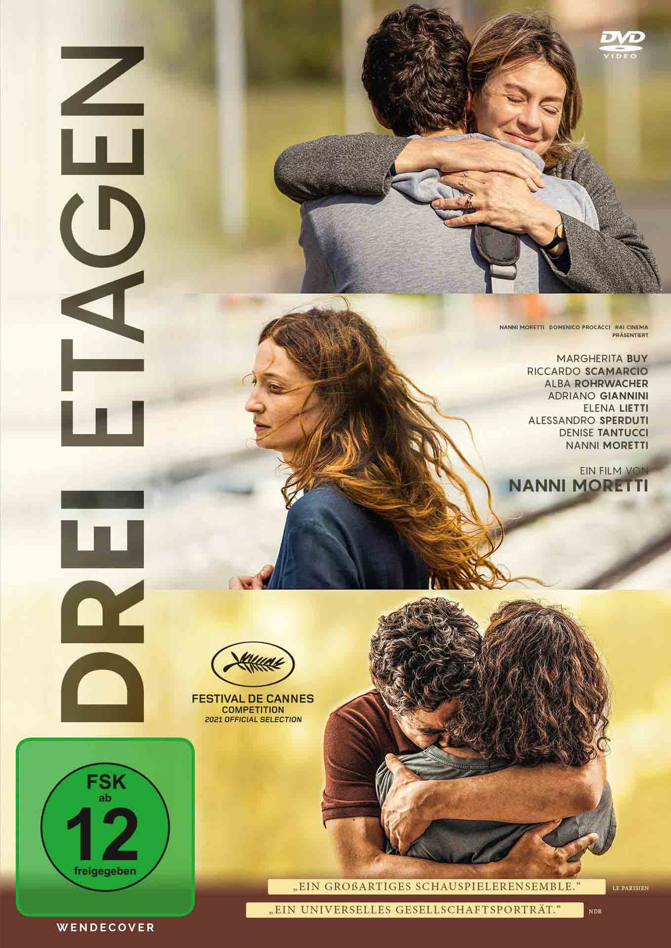 DVD-Cover mit drei sich umarmenden Personen, Text auf Deutsch und einer grünen FSK 12-Freigabe, auf weißem Grund.