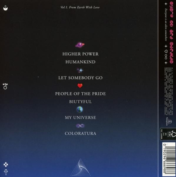 Le dos d'un boîtier de CD avec des titres de chansons, un logo et un code-barres. Il a un dégradé bleu foncé et violet.