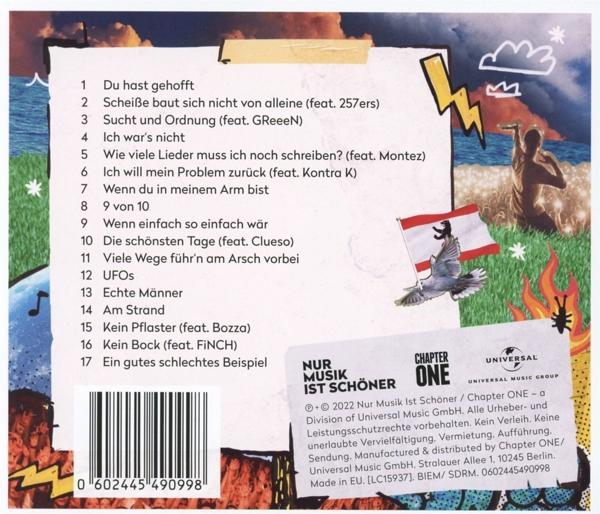 CD-Cover mit Songtiteln und Cartoon-Illustration einer Person mit Blitz.