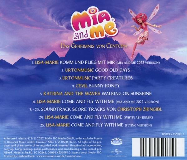 CD-Cover für "Mia and Me" mit Fee und Bergen, Trackliste auf der Rückseite.