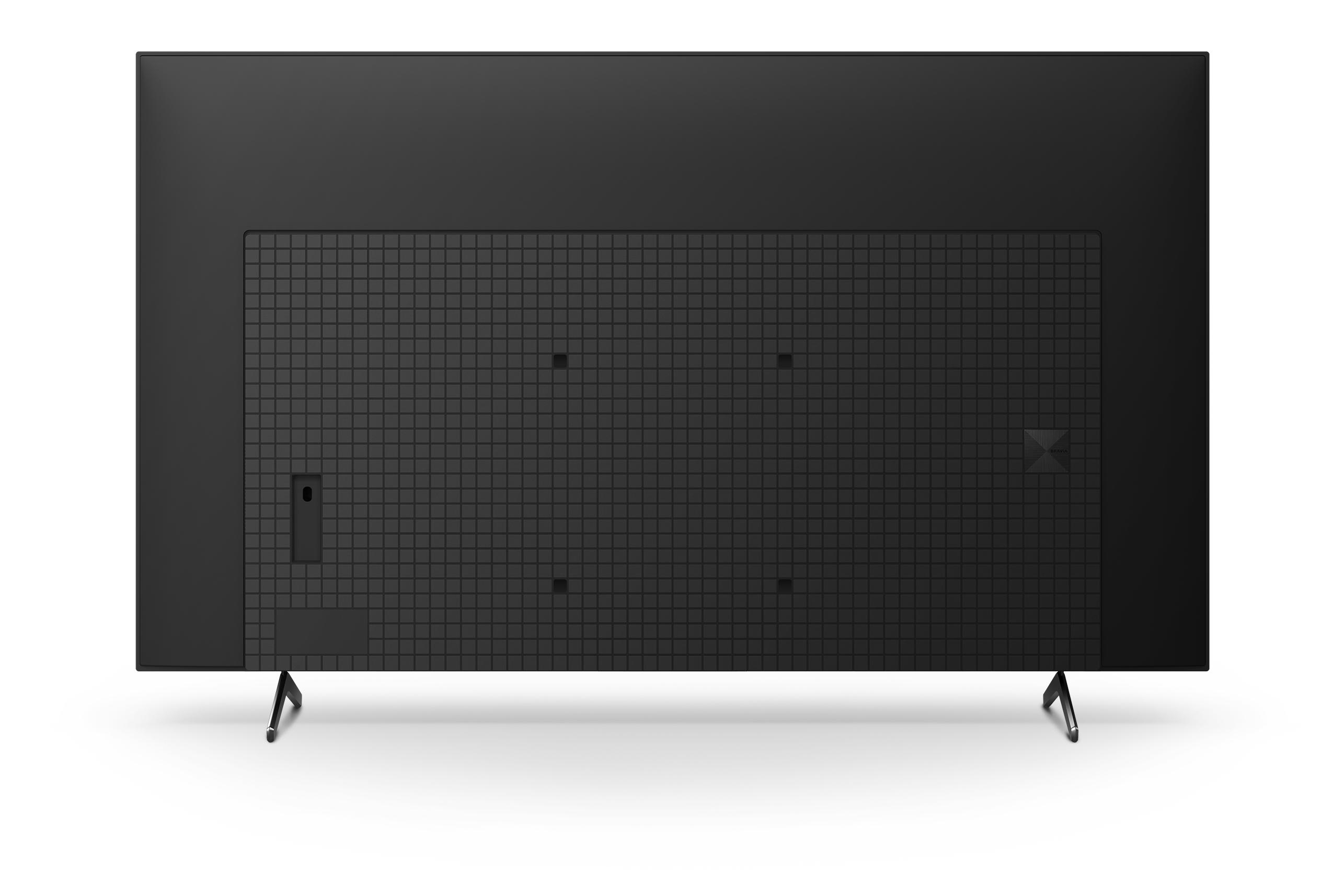 Schwarze Rückseite eines Fernsehers mit gemustertem Lüftungsbereich und zwei Metallfüßen.