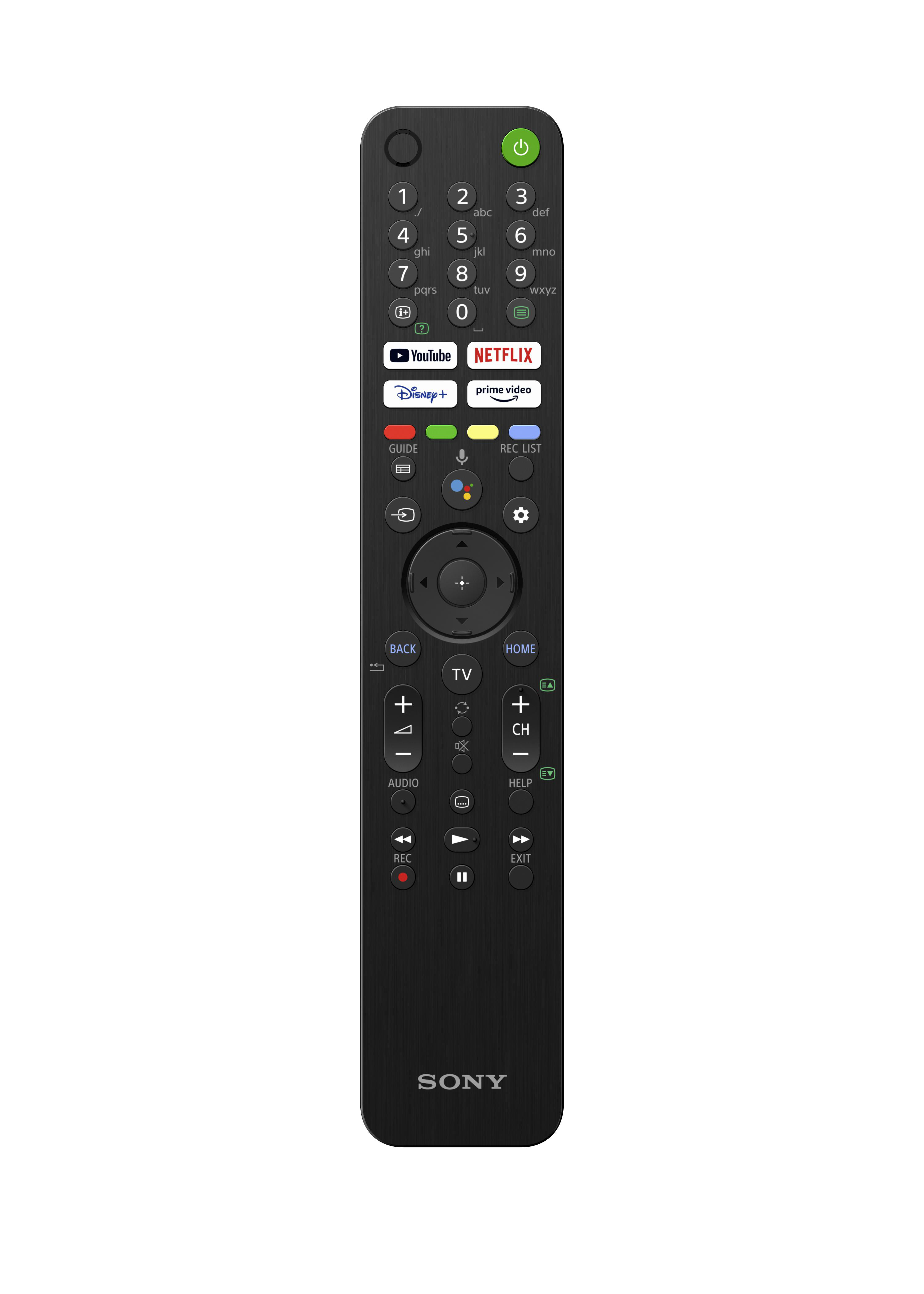 Eine schwarze Sony-Fernbedienung. Sie hat verschiedene Tasten, einschließlich Lautstärke, Kanal- und Navigationstasten.