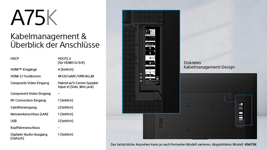 Rückwand des Fernsehers mit Anschlüssen und Verbindungsdetails. Text beschreibt Funktionen.