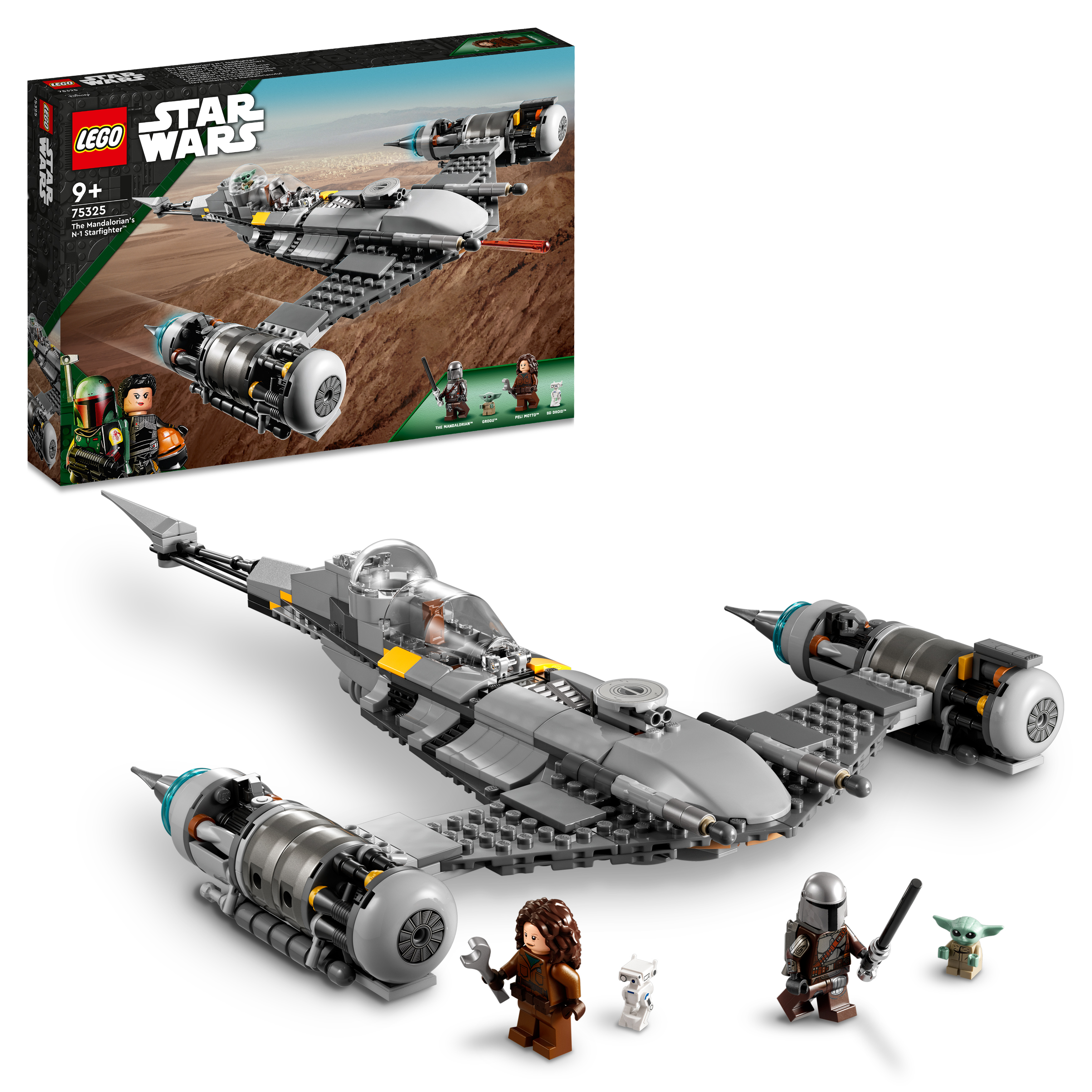 LEGO Star Wars Set mit einem grauen Schiff, Minifiguren und einer Box mit dem Bild des Sets.