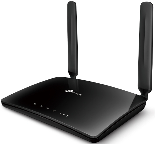 Black TP-Link router with two antennas, displaying status lights, on a white background.