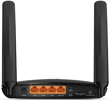Black router with two antennas, ports on the back, and TP-Link branding, isolated on white.